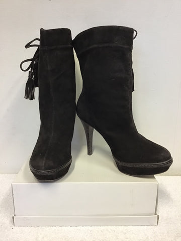 KAREN MILLEN DARK BROWN SUEDE TASSEL TRIM CALF LENGTH BOOTS SIZE 5/38