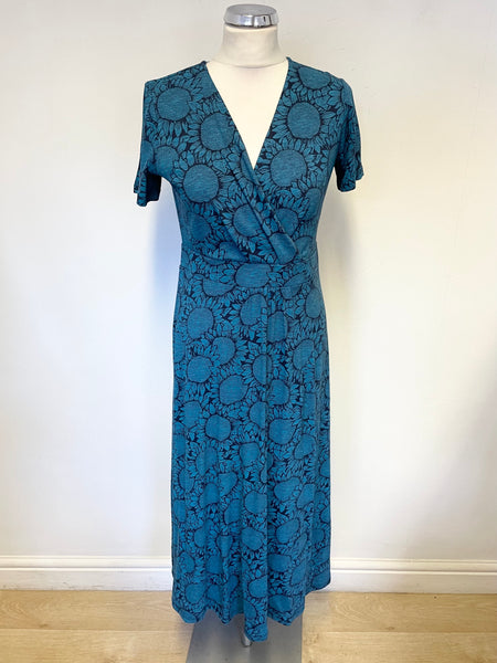 SEASALT CHAPELLE TURQUOISE & NAVY SUNFLOWER PRINT SHORT SLEEVE COTTON MIDI DRESS SIZE 10