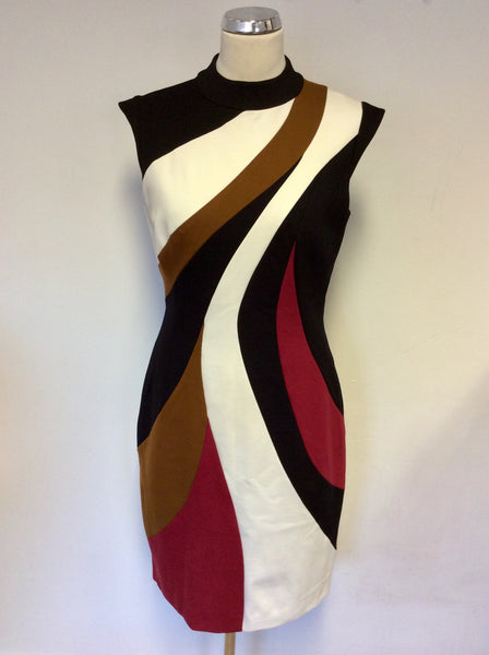 KAREN MILLEN RED,WHITE,BLACK & TAN PENCIL DRESS SIZE 14