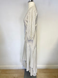 GANNI IVORY WITH BLACK PINSTRIPE SILK 3/4 SLEEVE WRAP DRESS SIZE 34 UK 6,8,10