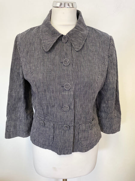 HOBBS NAVY BLUE PINSTRIPE 3/4 SLEEVE LIGHTWEIGHT LINEN JACKET SIZE 10