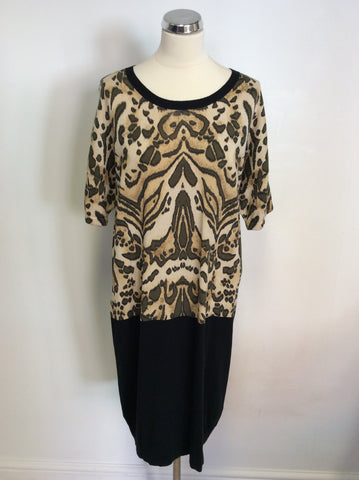 HOBBS CAMEL & BLACK PRINT KNIT SHIFT DRESS SIZE 14
