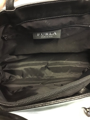 FURLA BLACK COATED LEATHER LARGE TOTE BAG WITH DETACHABLE SHOULDER STRAP