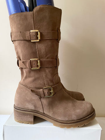 DANIEL LIGHT BROWN MOLESKIN LEATHER BUCKLE STRAP TRIM CALF LENGTH BIKER BOOTS SIZE 4/37