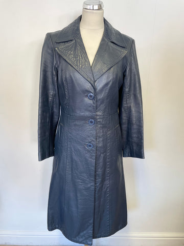 VINTAGE COUNTY PETROL BLUE LEATHER COAT SIZE UK 8/10