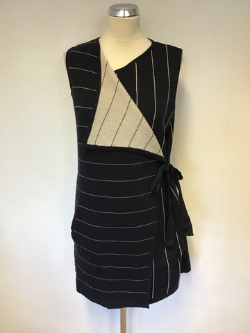 MINT VELVET DARK BLUE & CREAM PINSTRIPE WOOL BLEND SLEEVELESS TIE SIDE JACKET SIZE M