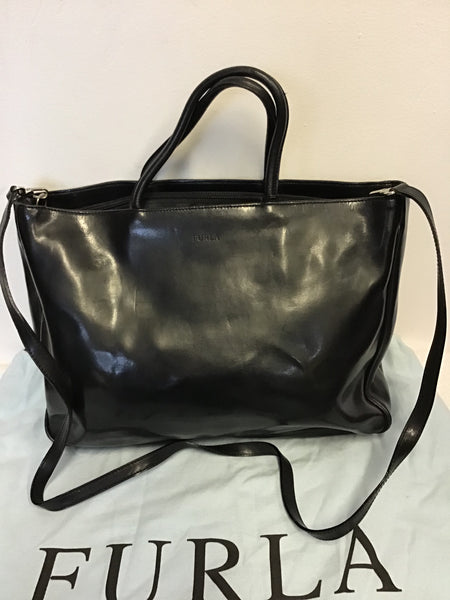 FURLA BLACK COATED LEATHER LARGE TOTE BAG WITH DETACHABLE SHOULDER STRAP