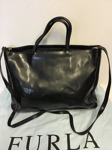 FURLA BLACK COATED LEATHER LARGE TOTE BAG WITH DETACHABLE SHOULDER STRAP