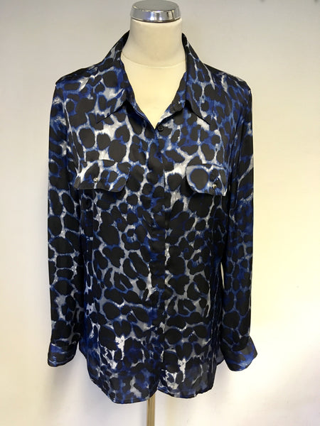 PLANET BLACK,BLUE & GREY PRINT LONG SLEEVE BLOUSE SIZE 14