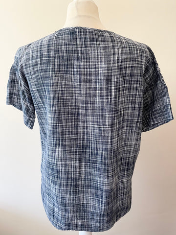 TOAST NAVY BLUE & WHITE WEAVE LINEN SHORT SLEEVE TOP SIZE M