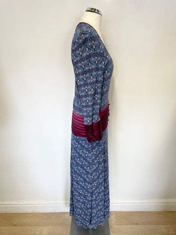 LOOKING GLASS BLUE & BURGUNDY PRINT STRETCH JERSEY MIDI DRESS SIZE 10
