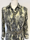 K DESIGN GREEN,BLACK & WHITE PRINT STRETCH JERSEY 3/4 SLEEVE BELTED MIDI SHIRT DRESS SIZE L