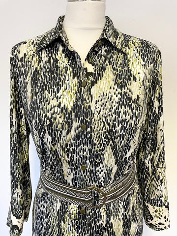K DESIGN GREEN,BLACK & WHITE PRINT STRETCH JERSEY 3/4 SLEEVE BELTED MIDI SHIRT DRESS SIZE L