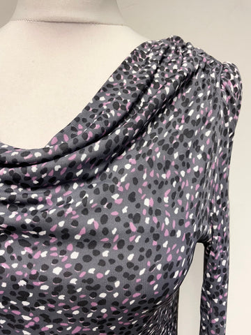 GHOST GREY & PINK PATTERNED LONG SLEEVED STRETCH PENCIL DRESS SIZE 8