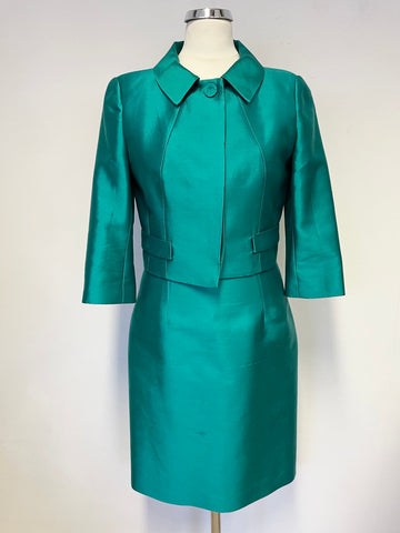 HOBBS KINGFISHER GREEN WOOL & SILK SLEEVELESS PENCIL DRESS & JACKET SUIT SIZE 8