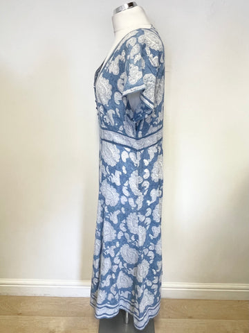 ANOKHI FOR EAST BLUE & WHITE PAISLEY PRINT MIDI DRESS SIZE 14