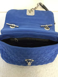 JAEGER BLUE EMBOSSED STITCHED FABRIC & SILVER CHAIN STRAP SHOULDER BAG