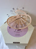 HARE AND THE HAT BESPOKE MILLINARY PALE PEACH & GREY FEATHER TRIM FASCINATOR