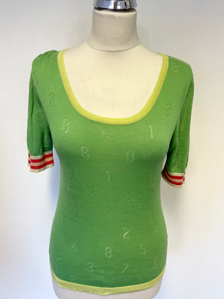 ORLA KIELY GREEN FINE KNIT NUMBERED DESIGN SHORT SLEEVE TOP SIZE S