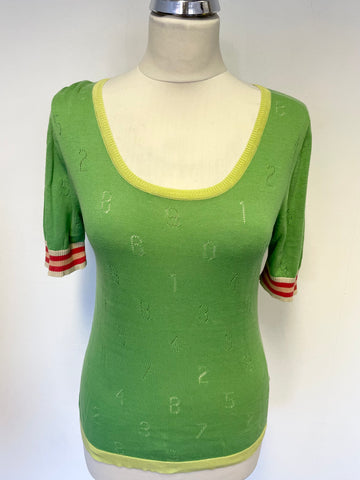 ORLA KIELY GREEN FINE KNIT NUMBERED DESIGN SHORT SLEEVE TOP SIZE S
