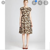 REISS BLACK,CREAM & GOLD PRINT CAP SLEEVE FIT & FLARE DRESS SIZE 14