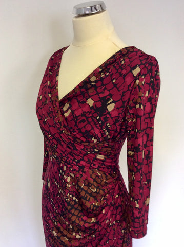 GINA BACCONI RED PRINT STRETCH WRAP ACROSS PENCIL DRESS SIZE 16