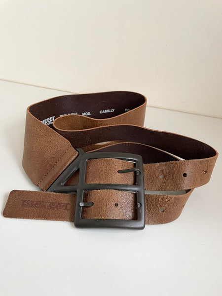 DIESEL CAMILLY BROWN LEATHER SPLIT SIDE TWIN BUCKLE FASTEN BELT SIZE 90CM / UK L