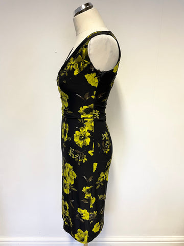 PHASE EIGHT BLACK & LIME FLORAL PRINT SLEEVELESS PENCIL DRESS SIZE 8
