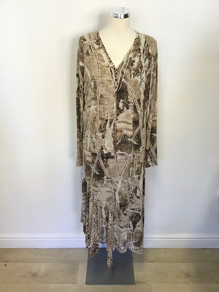FUEGO BROWN PRINT SLEEVELESS LONG DRESS & MATCHING TOP/ JACKET SIZE XXL