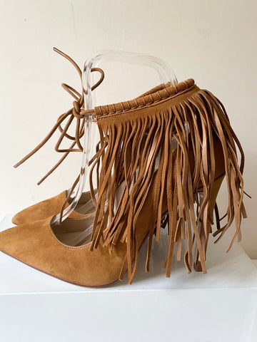 BRAND NEW ZARA TAN FAUX SUEDE FRINGE TRIM HEELS SIZE 5/38