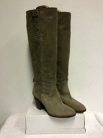 LIGHT BROWN SUEDE KNEE LENGTH HEELED BOOTS SIZE 5/38