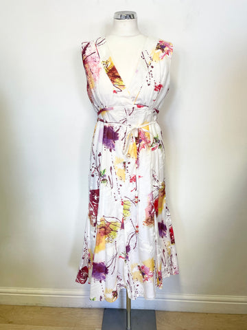 BRAND NEW APANAGE FEMME WHITE & MULTICOLOURED COTTON & SILK SLEEVELESS DRESS SIZE 14