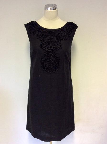 HOBBS BLACK LINEN APPLIQUÉ TRIM SHIFT DRESS SIZE 8