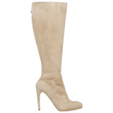 LK BENNETT MOYA BEIGE SUEDE & PATENT LEATHER TOE HEELED KNEE LENGTH BOOTS SIZE 6/39