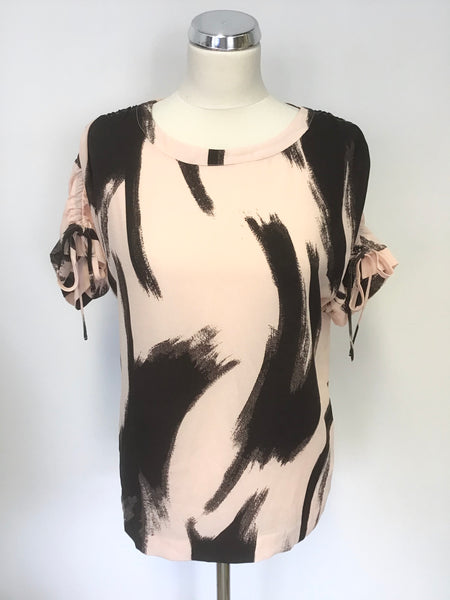 BRAND NEW NICOLE FARHI PINK & BLACK PRINT DRAW STRING TIE SHORT SLEEVE TOP SIZE S /10