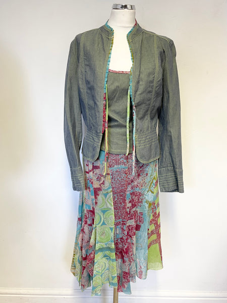 LEGATTE JEANS DENIM  BLUE & MULTICOLOURED PRINT SKIRT, TOP & JACKET OUTFIT SIZE II UK 10
