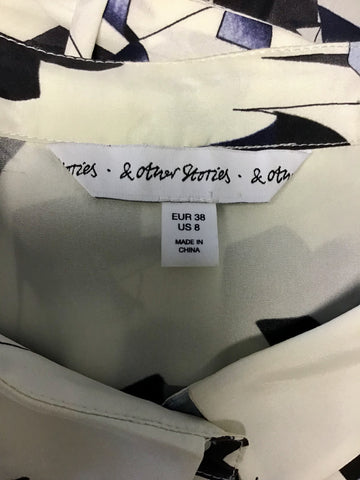 BRAND NEW & OTHER STORIES GRAPHIC STEAMER IVORY & BLUE PRINT SILK DRESS SIZE 12