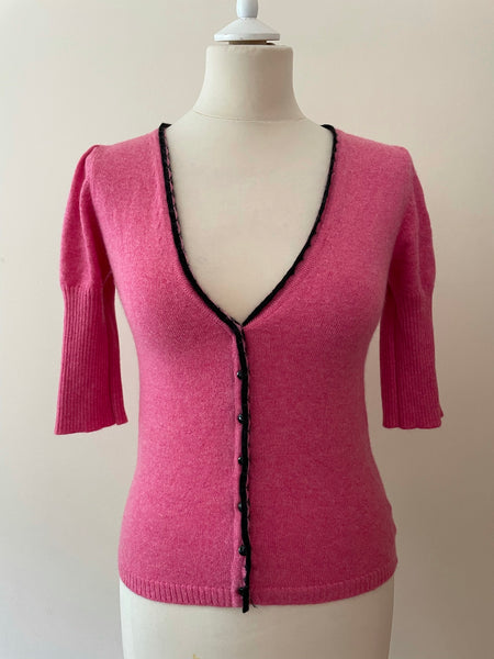 BRORA PINK & BLACK TRIM 100% CASHMERE SHORT SLEEVE CARDIGAN SIZE 8