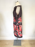 JACQUES VERT BROWN WITH ORANGE,RED & PINK FLORAL PRINT SHIFT DRESS SIZE 22