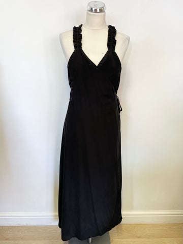 & OTHER STORIES BLACK SILK FRILL STRAP WRAP OVER MIDI DRESS SIZE 12