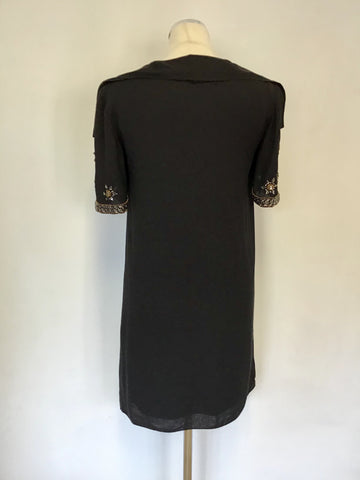 TEMPERLEY BLACK SILK BEADED & JEWEL TRIM SILK SHIFT DRESS SIZE 8