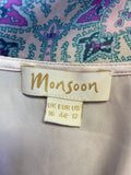 MONSOON CREAM & PURPLE PAISLEY PRINT HALF SLEEVE SILK SHIFT DRESS SIZE 16