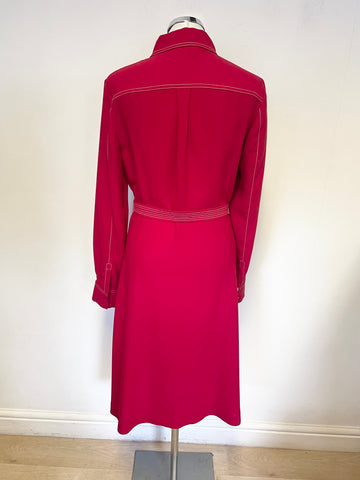 HOBBS RED WITH WHITE STITCH TRIM COLLARED LONG SLEEVE BELTED DRESS SIZE 12