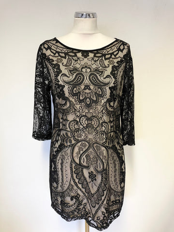 BRAND NEW MARKS & SPENCER BLACK LACE OVER CREAM 3/4 SLEEVE SHIFT DRESS SIZE 12