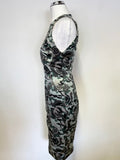 VERSACE COLLECTION GREEN,SILVER & BLACK SATIN SLEEVELESS PENCIL DRESS SIZE 40 U8