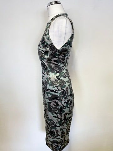 VERSACE COLLECTION GREEN,SILVER & BLACK SATIN SLEEVELESS PENCIL DRESS SIZE 40 U8