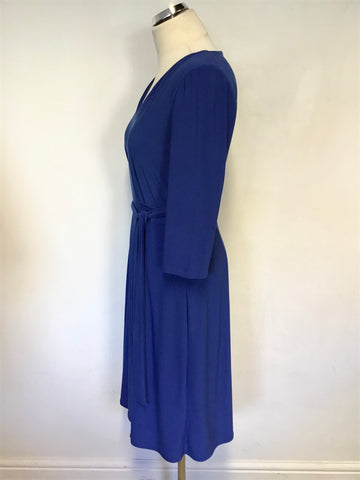 HOBBS BLUE V NECKLINE 3/4 SLEEVE TIE BELT FIT & FLARE DRESS SIZE 12