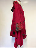 JOE BROWN RED & BLACK EMBROIDERED WOOL BLEND HOODED KNEE LENGTH COAT SIZE 10