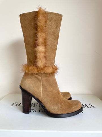 BRAND NEW GIANFRANCO LAMA CAMEL SUEDE FUR TRIM HEELED BOOTS  SIZE 5/38
