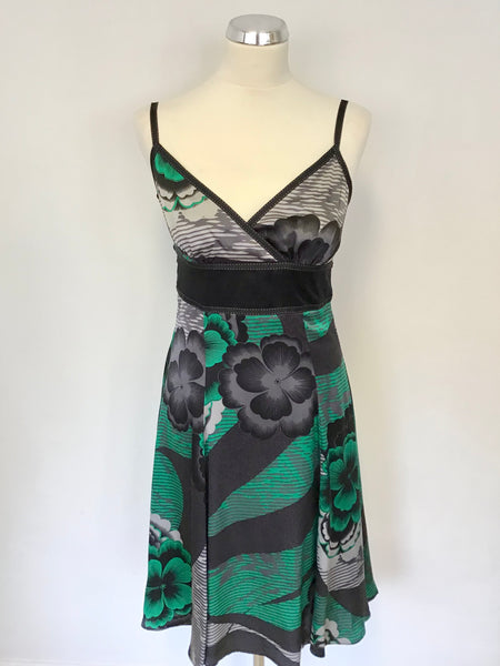 TED BAKER BLACK,GREY & GREEN PRINT SILK STRAPPY SPECIAL OCCASION DRESS SIZE 2 UK 10